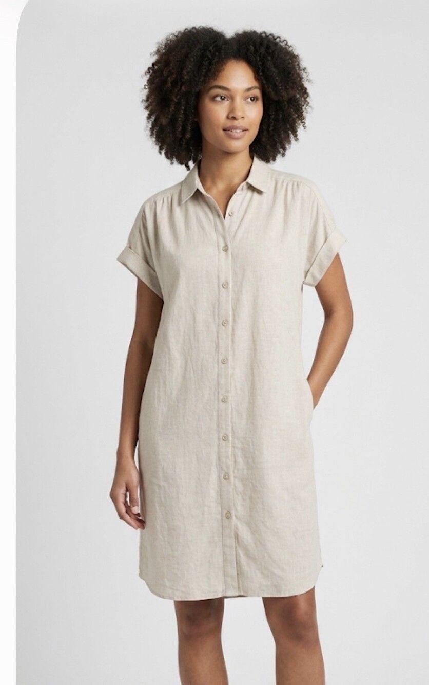 Well Worn Linen Blend Button Front Midi Dress S Tan Beige Short Sleeve Coastal